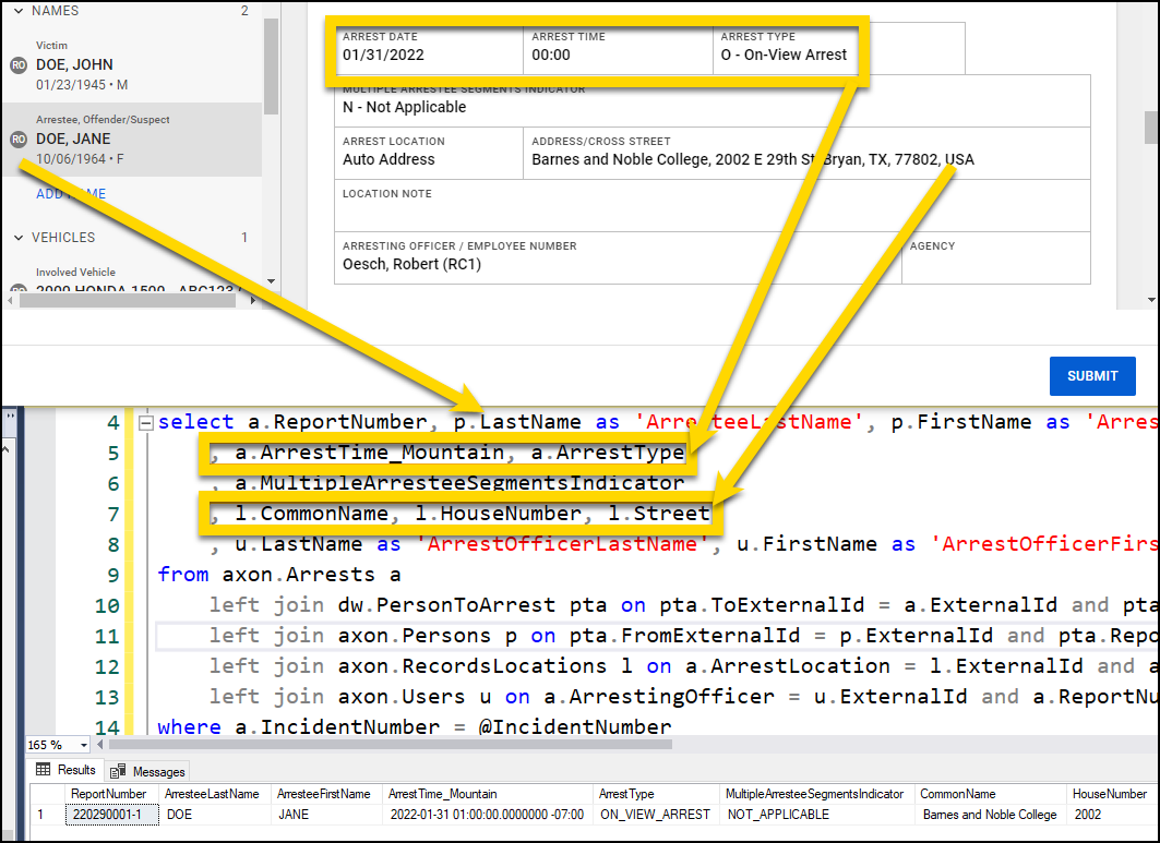 The image shows a comparison between the Arrest Details section in Report Writer and an SQL query retrieving arrest-related data. The left section highlights key arrest information, including the arrest date, time, type, location, and arresting officer. Yellow arrows connect these Report Writer elements to the SQL query on the right, which extracts fields such as arrest time, arrest type, multiple arrestee segments indicator, and location details from the database. The bottom section displays query results, confirming that the extracted database values match the details in Report Writer.