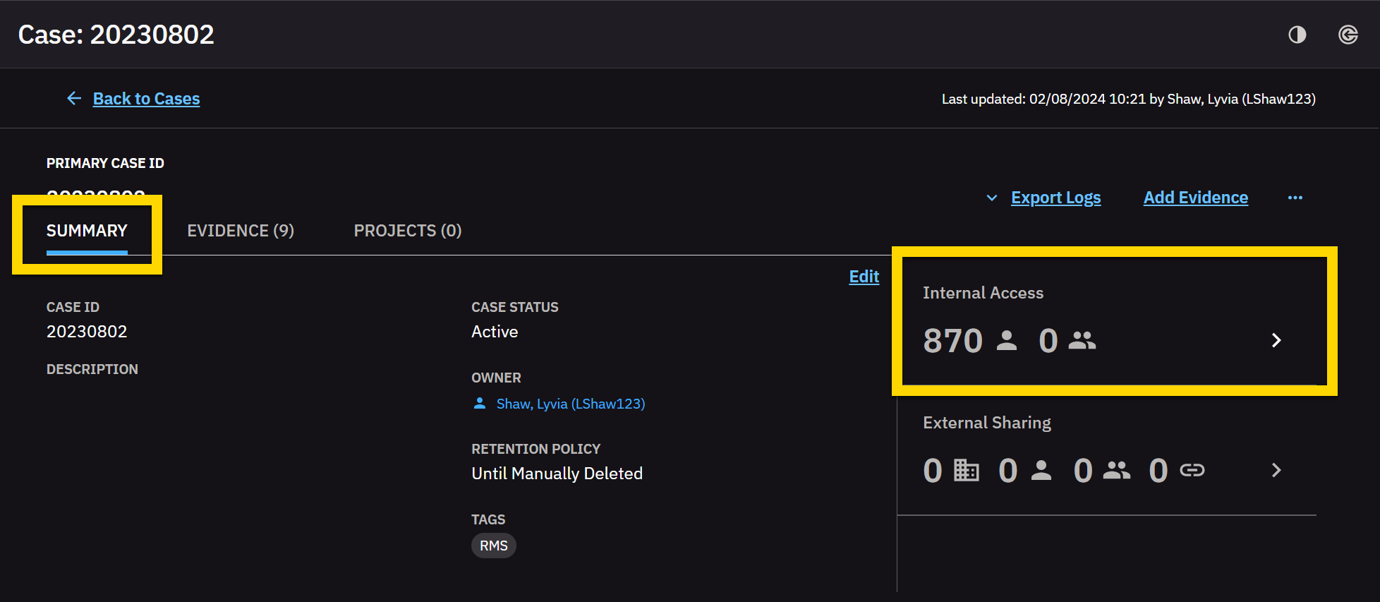 Case detail page with the manage access option highlighted within a yellow box.