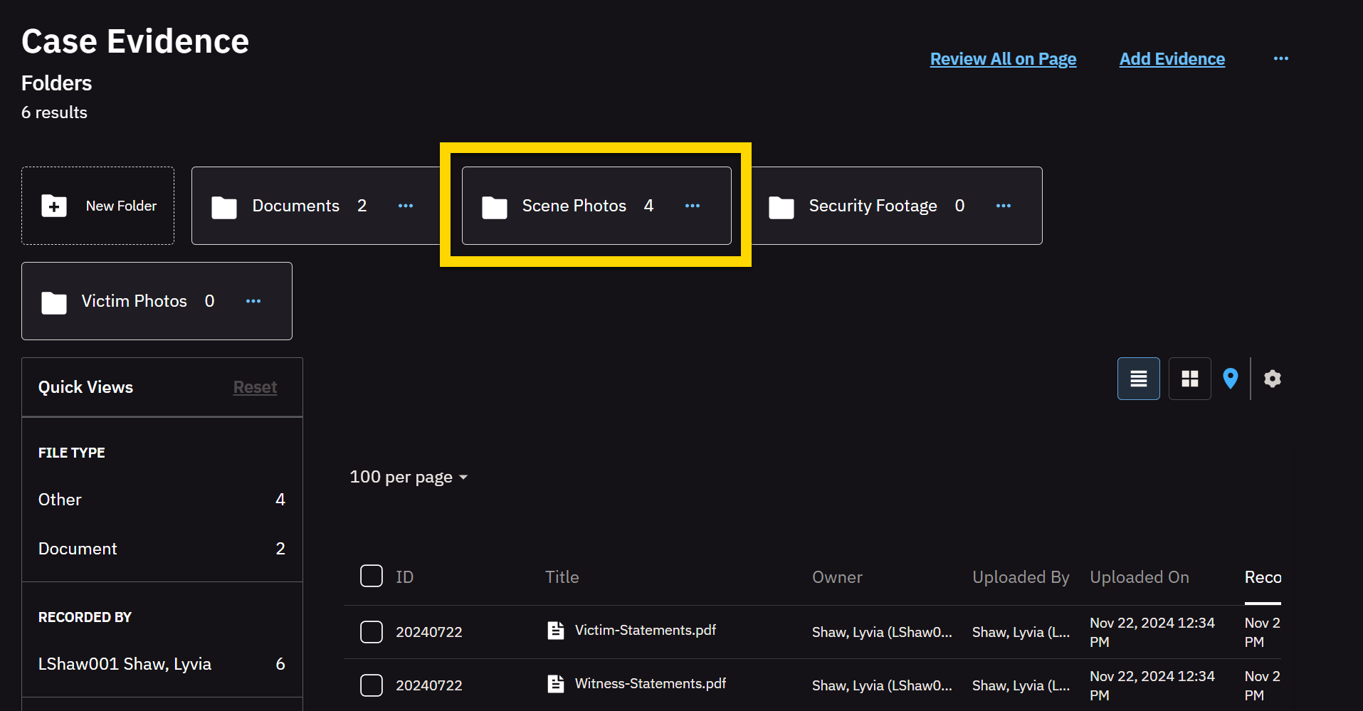 The image shows the Case Evidence screen with several folders displayed. A yellow highlight emphasizes one folder, which contains several items.