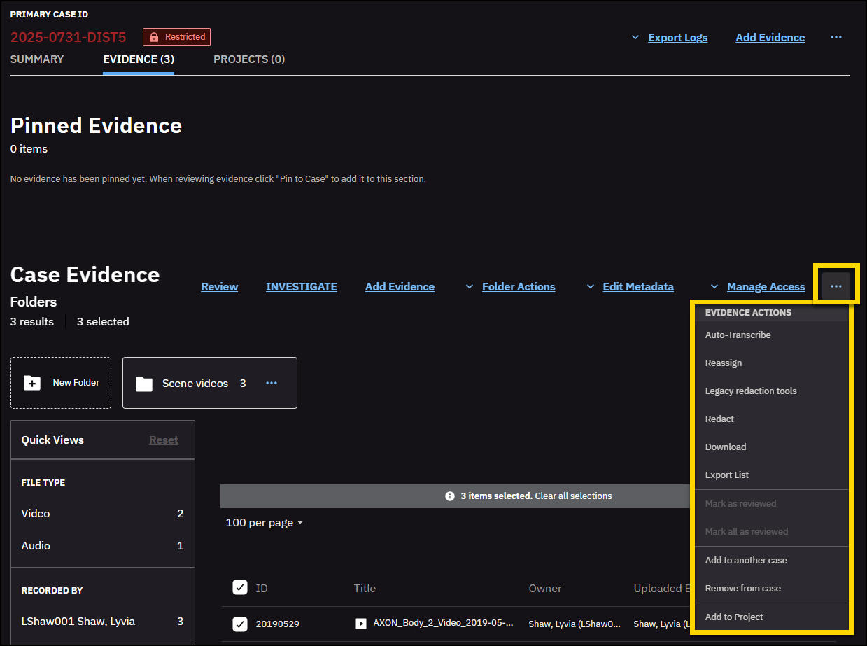 The case details page open to the evidence tab with the more actions menu highlighted.