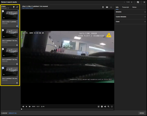 Axon Evidence Review Mode 2.0 showing a list of videos selected for review on the left.