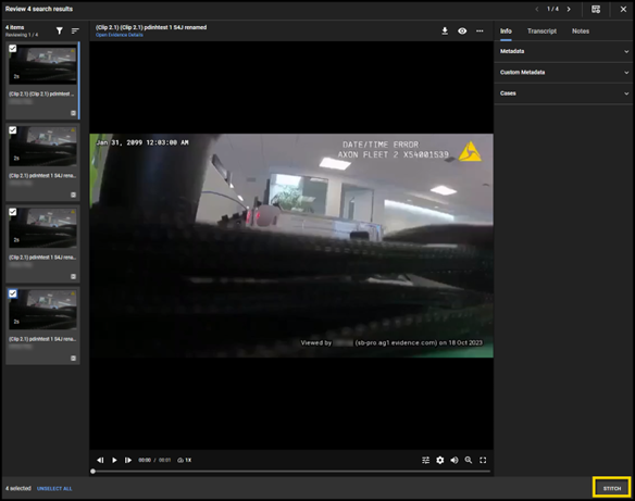 Review mode 2.0 showing videos selected for stitching in the right pane and the Stitch button.