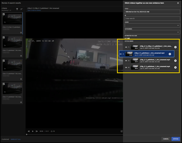 Review Mode 2.0 showing a list of videos selected for stitching in the stitch pane.