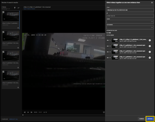 Review mode 2.0 showing videos selected for stitching in the right pane and the Stitch button.