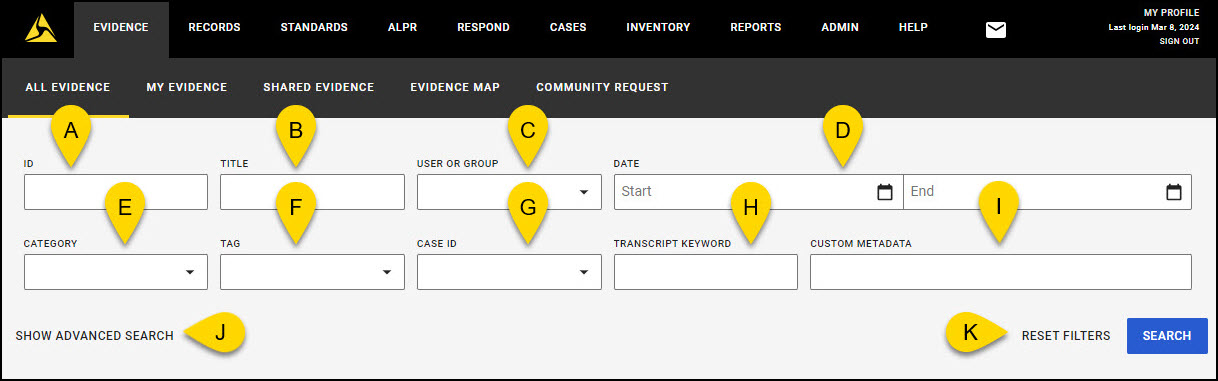 Axon Evidence basic evidence search filters with lettered callouts indicating each search field.