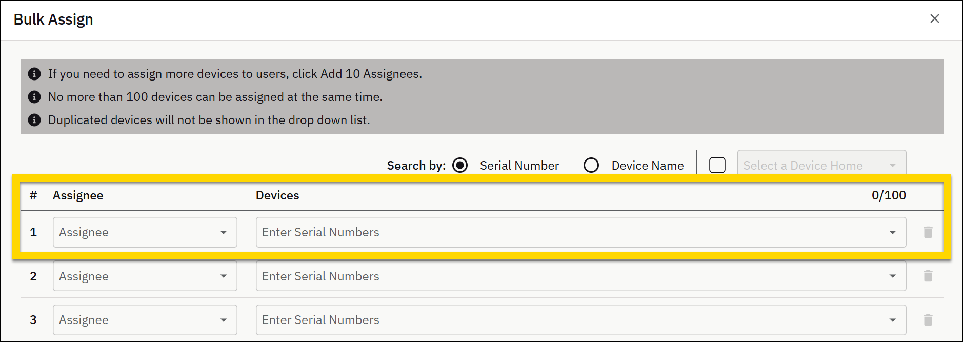 Bulk assign page in Axon Evidence showing rows and columns to manually enter assignees and their assigned devices.