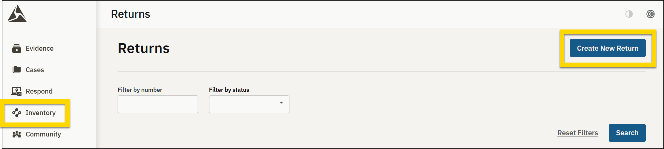 Returrns page with the Create a new return button highlighted.