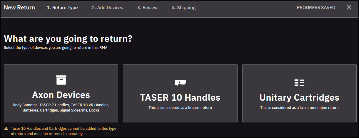 New return page showing tiles with device types to choose from and a Next button.