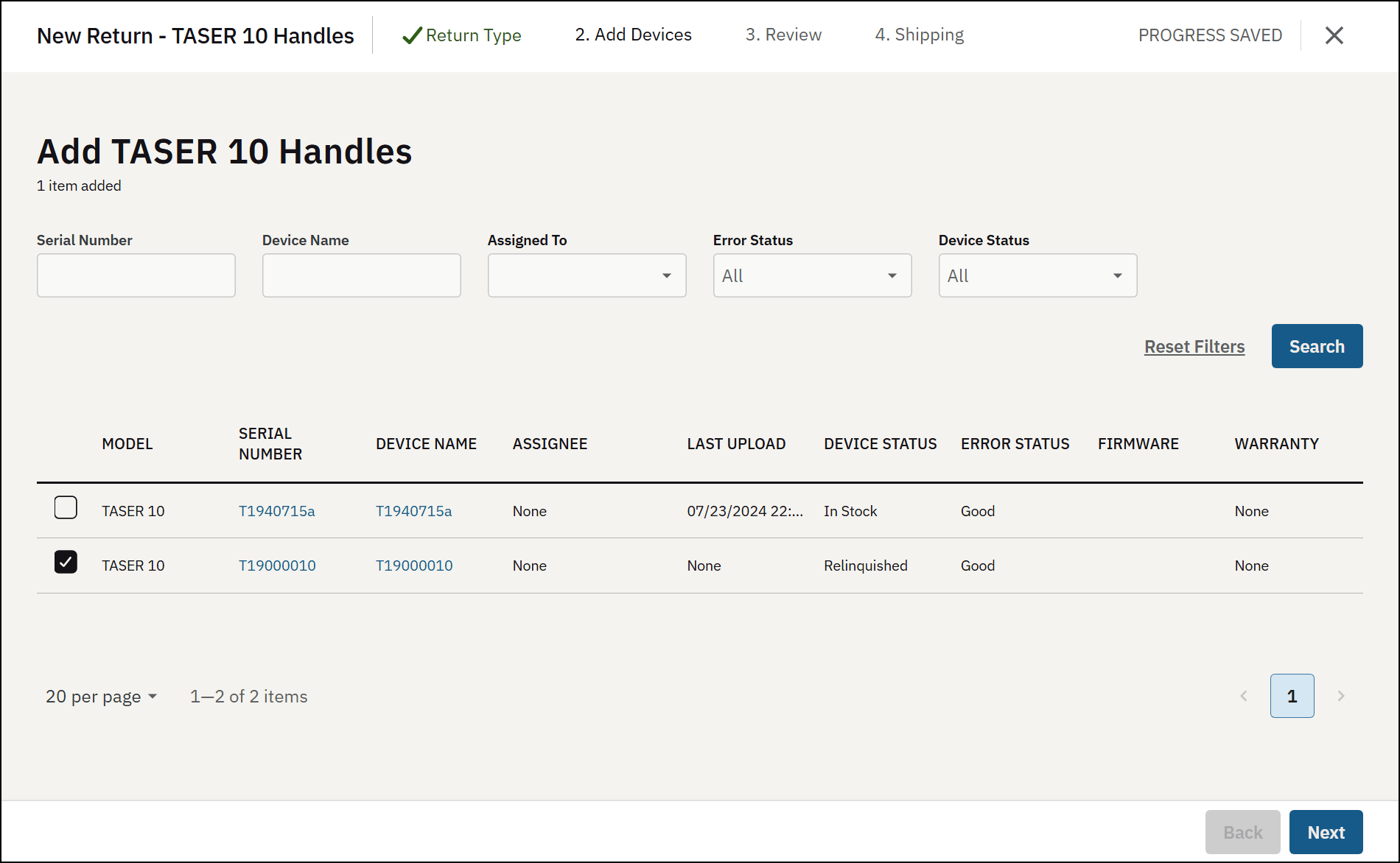 New return page showing a list of devices.