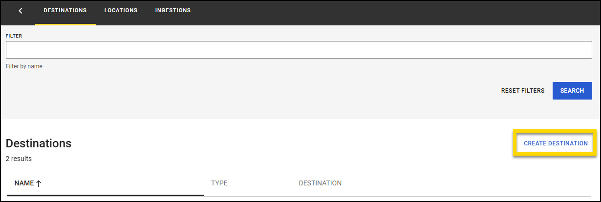 Evidence Local open to the Destinations tab with the Create Destination button highlighted within a yellow box.