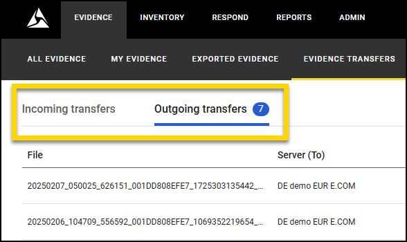 Screenshot of the Axon Evidence Local platform interface. The “Evidence Transfers” tab is selected