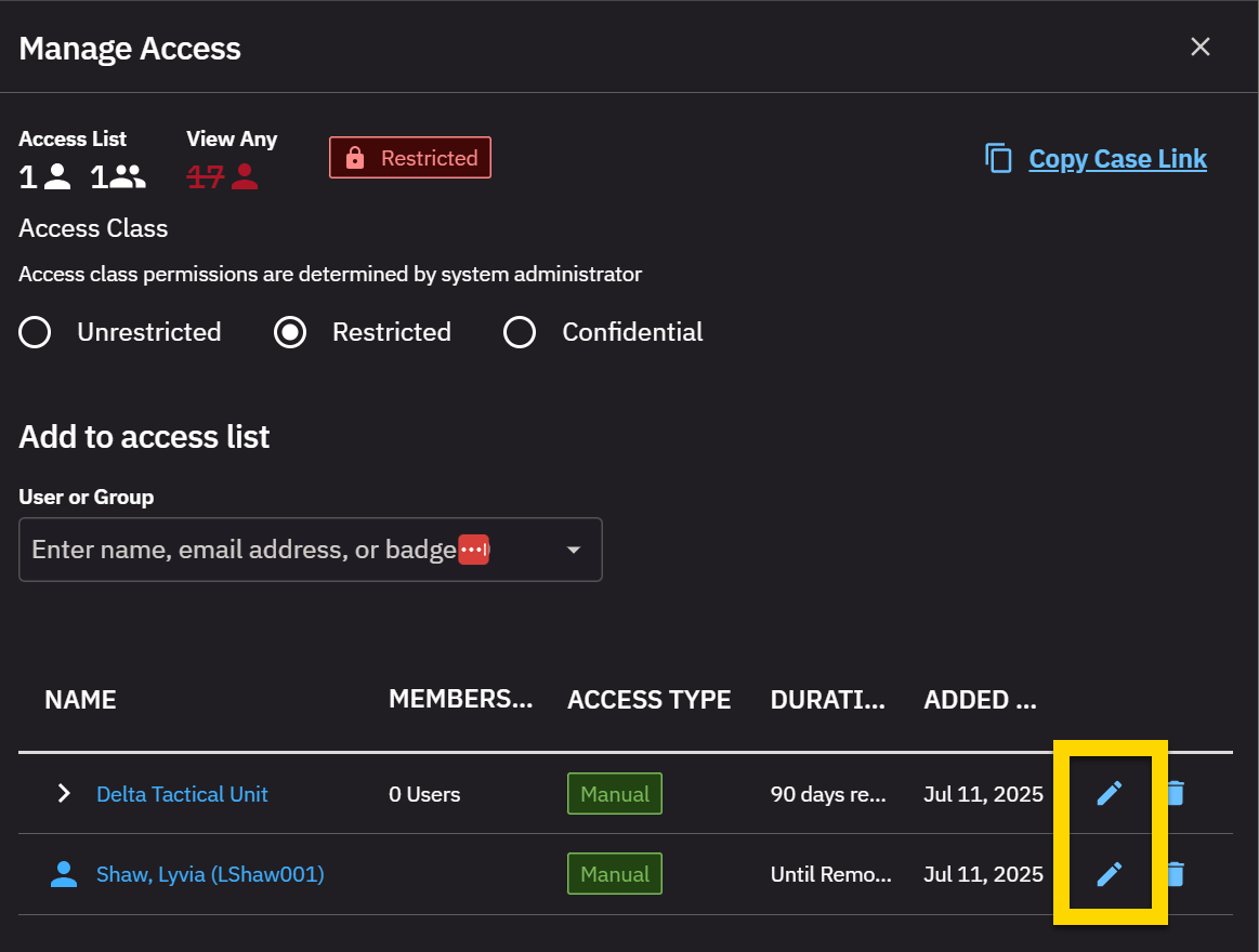 Manage access page showing a list of users and groups with options to set their access type and duration.