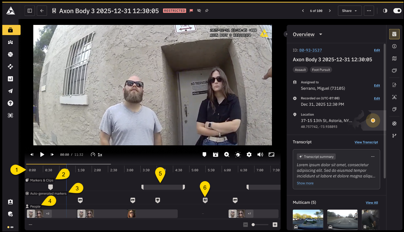 A video player with timeline controls underneath. The Clips & Markers panel is open on the right side, displaying options to add a marker or clip and a list of existing markers with descriptions. Auto-generated markers and people detected in the video are visible on separate tracks within the timeline.
