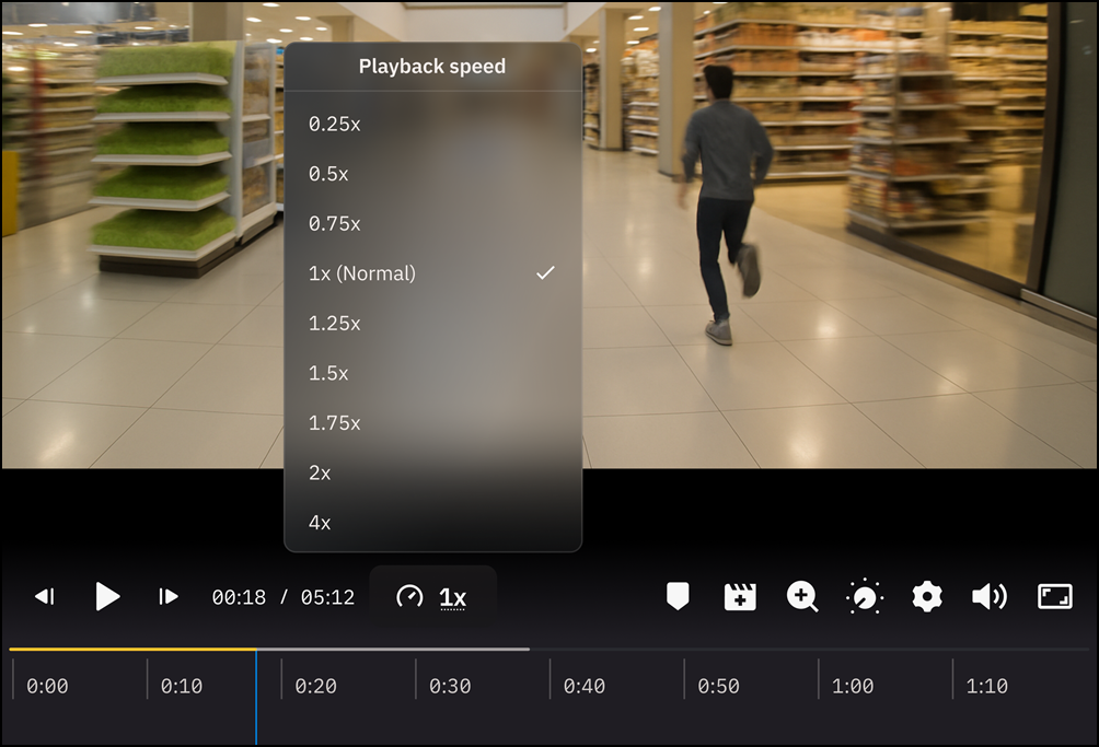 Playback speed menu showing options from 0.25x to 4x.