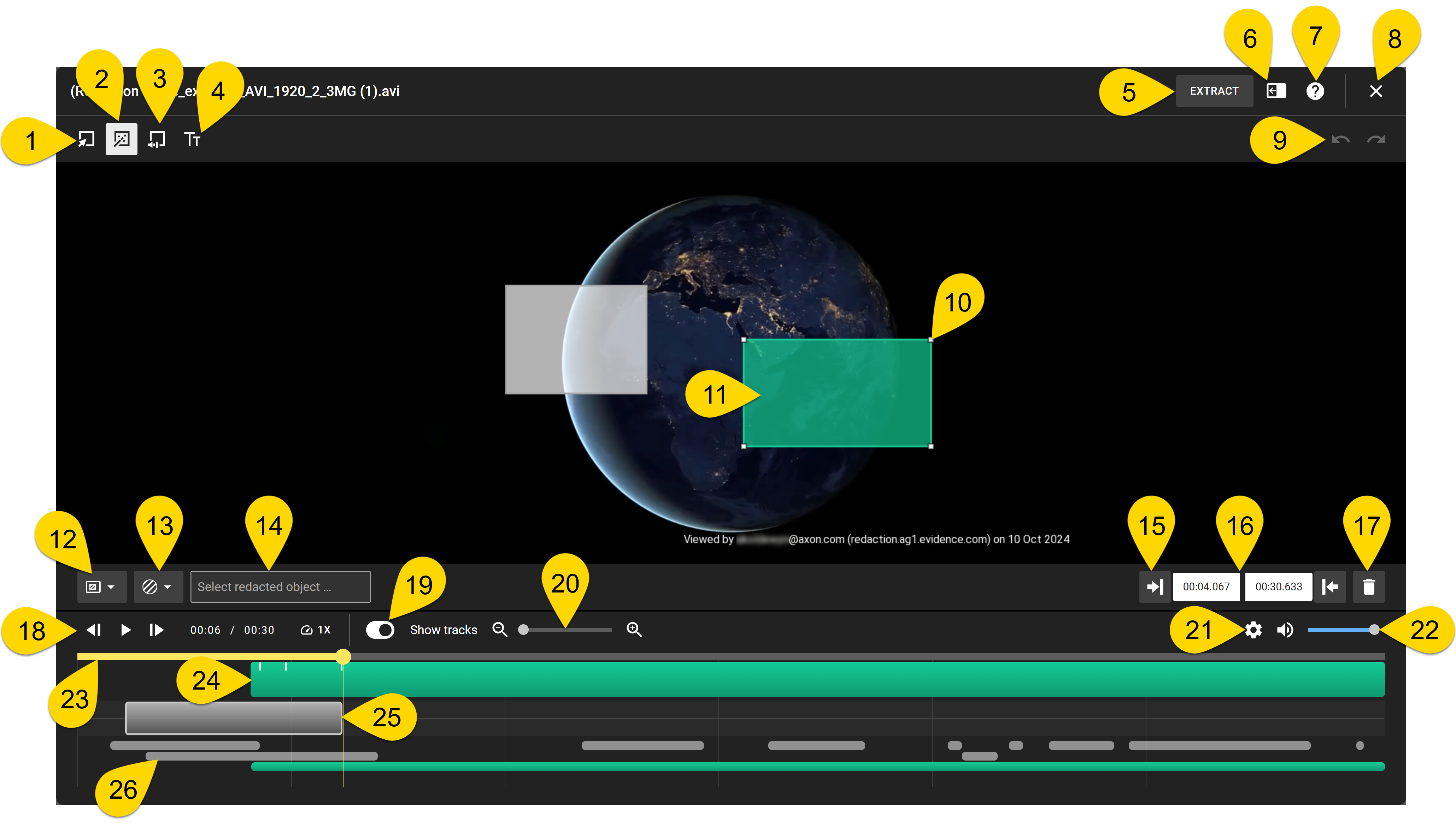 redacted studio screen with numbered callouts for buttons and usable elements