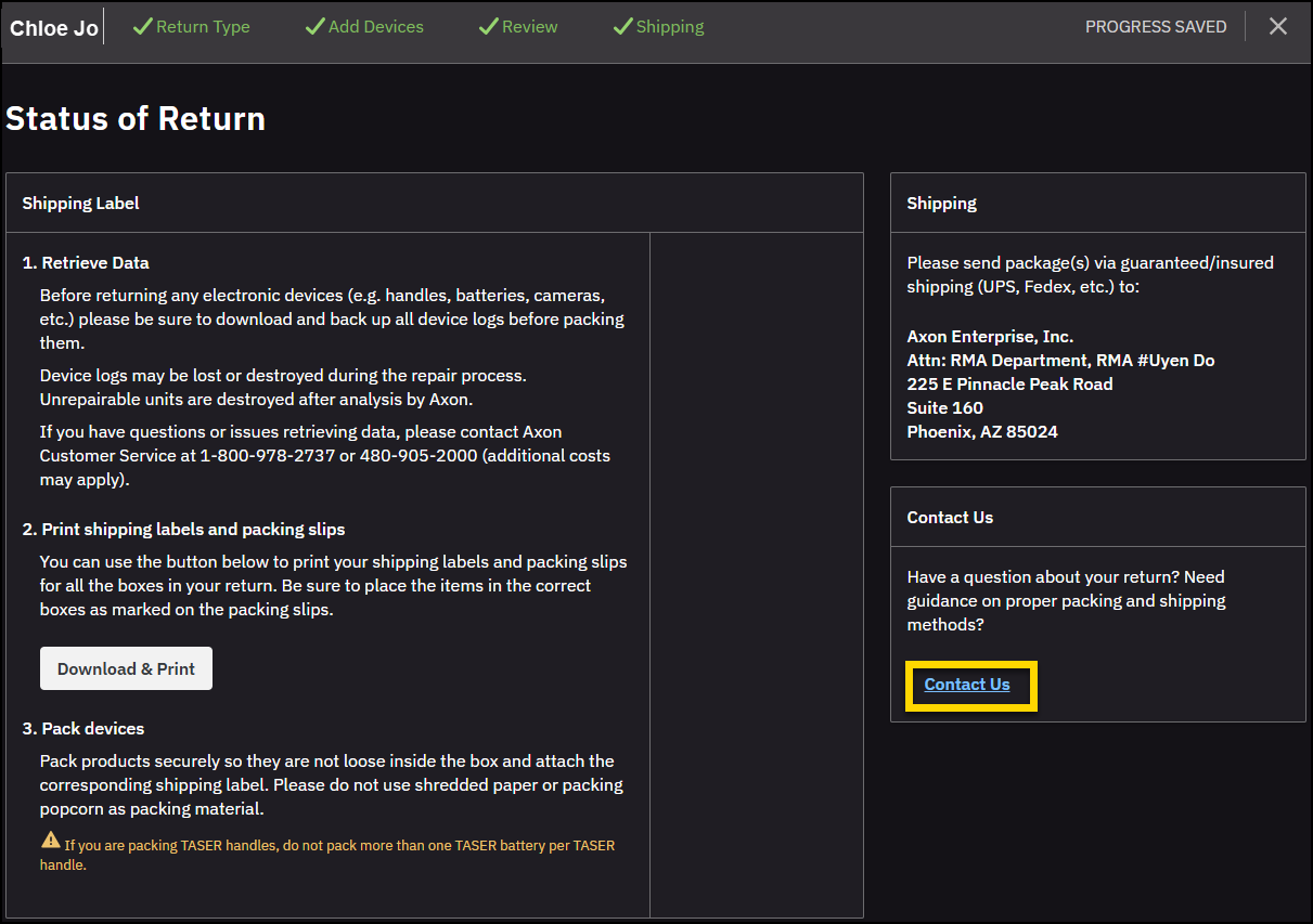 Inventory return page in Axon Evidence with the Contact Us button highlighted.