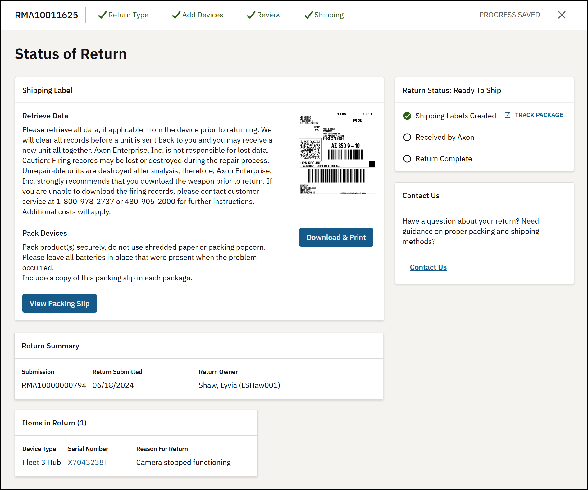 Status of return page.