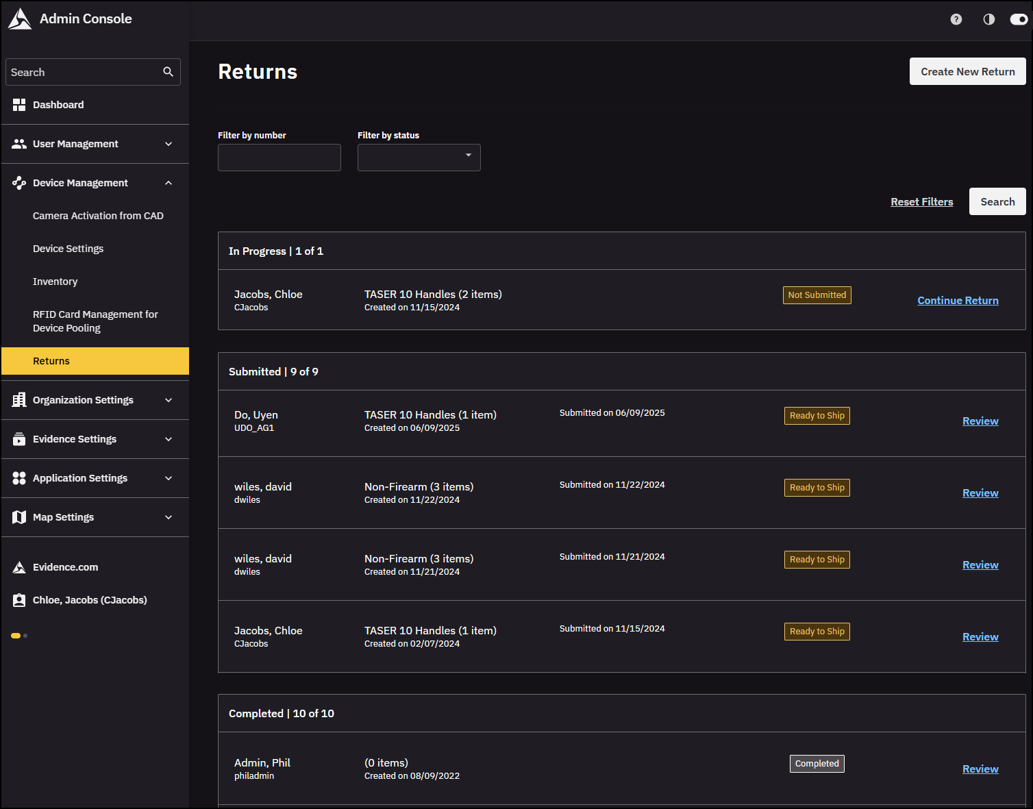 Inventory return page in Axon Evidence.
