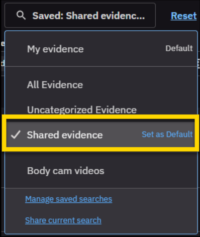 Saved search list with the Set as default button highlighted.