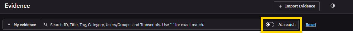 Evidence search page with AI search highlighted.