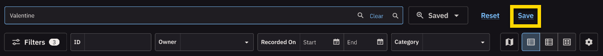 Axon Evidence search page with a focus on the Save button.