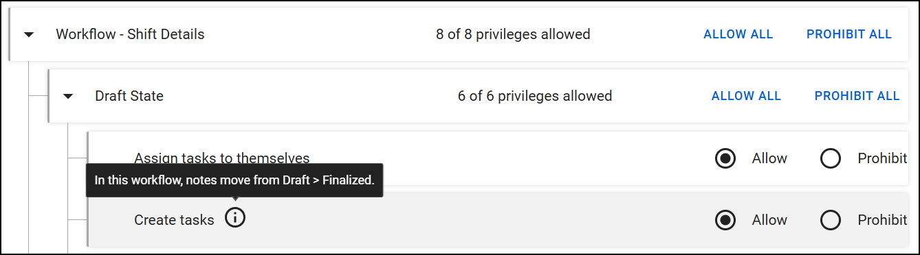The image displays the Workflow - Shift Details subcategory. Under Draft State, a privilege for Create tasks includes a tooltip that explains how reports move through the workflow.