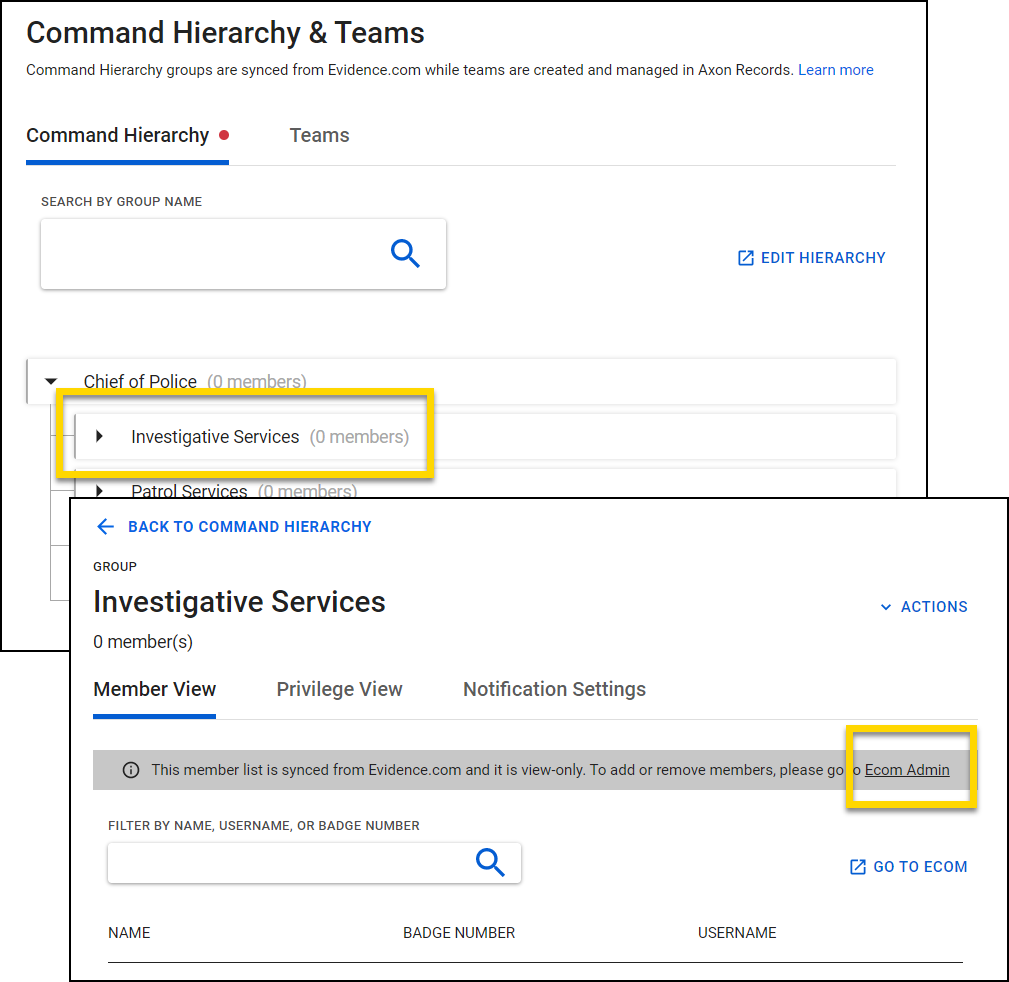 Shows how to open Axon Evidence to edit the agency's Command Hierarchy groups.