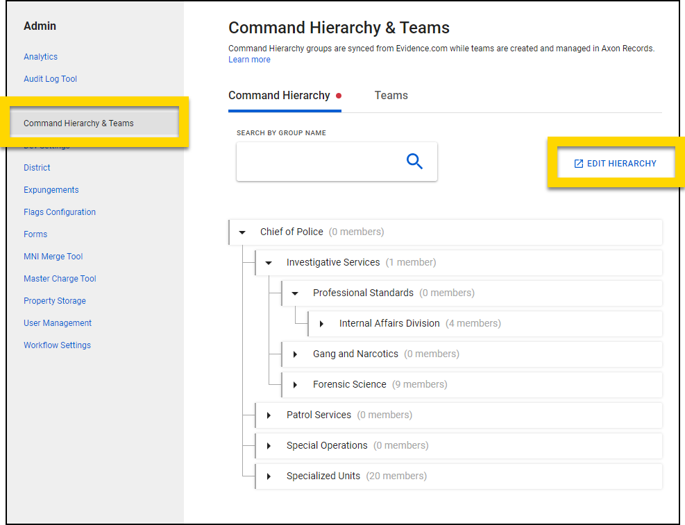 Shows how to open Axon Evidence to edit the agency's Command Hierarchy.