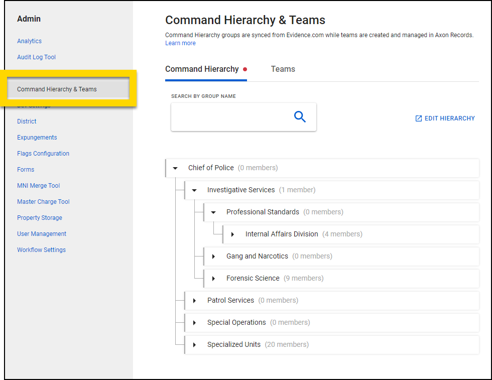 Shows where the Command Hierarchy & Teams toll appears in the Administrator Console.