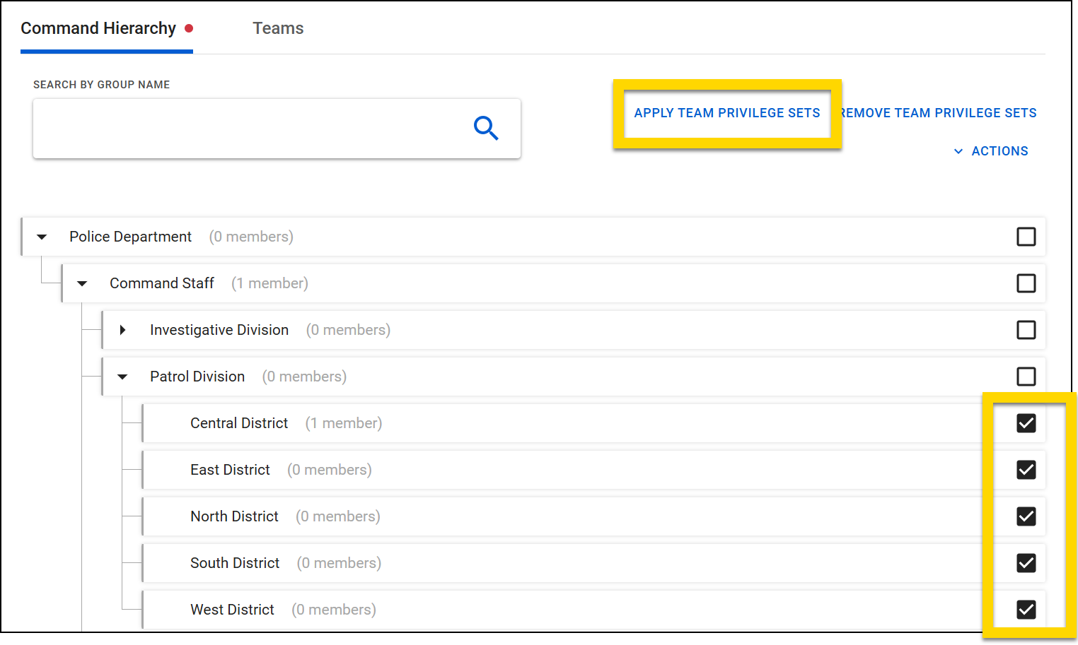 The screenshot displays the Command Hierarchy tool with the Apply Team privilege sets button highlighted at the top. The Patrol Division is expanded, showing the Central, East, North, South, and West Districts, all with checkboxes selected on the right, highlighted in yellow.