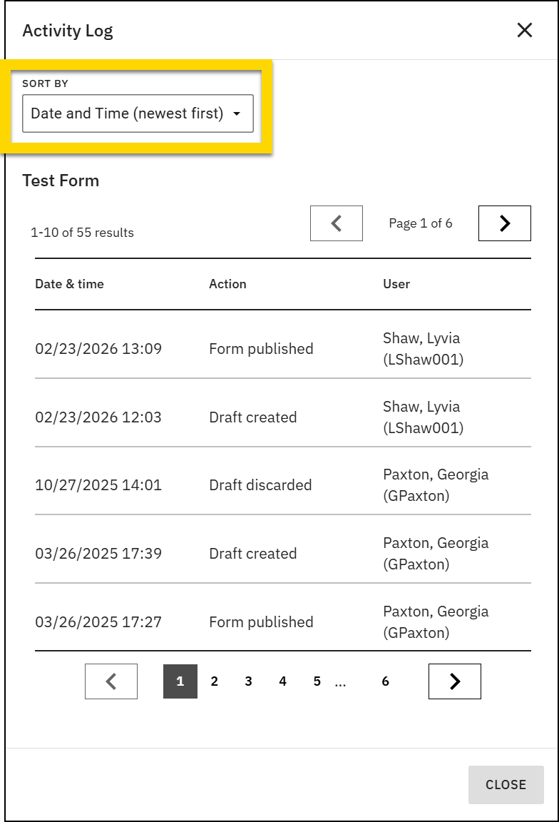 Screenshot of an open Activity Log. The Sort By field is highlighted in yellow.