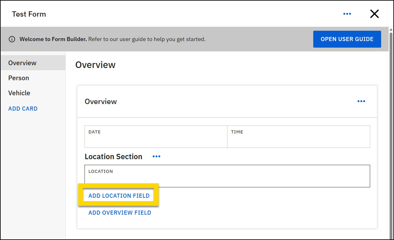 Screenshot of a form with the Overview card open and Add Location field highlighted.