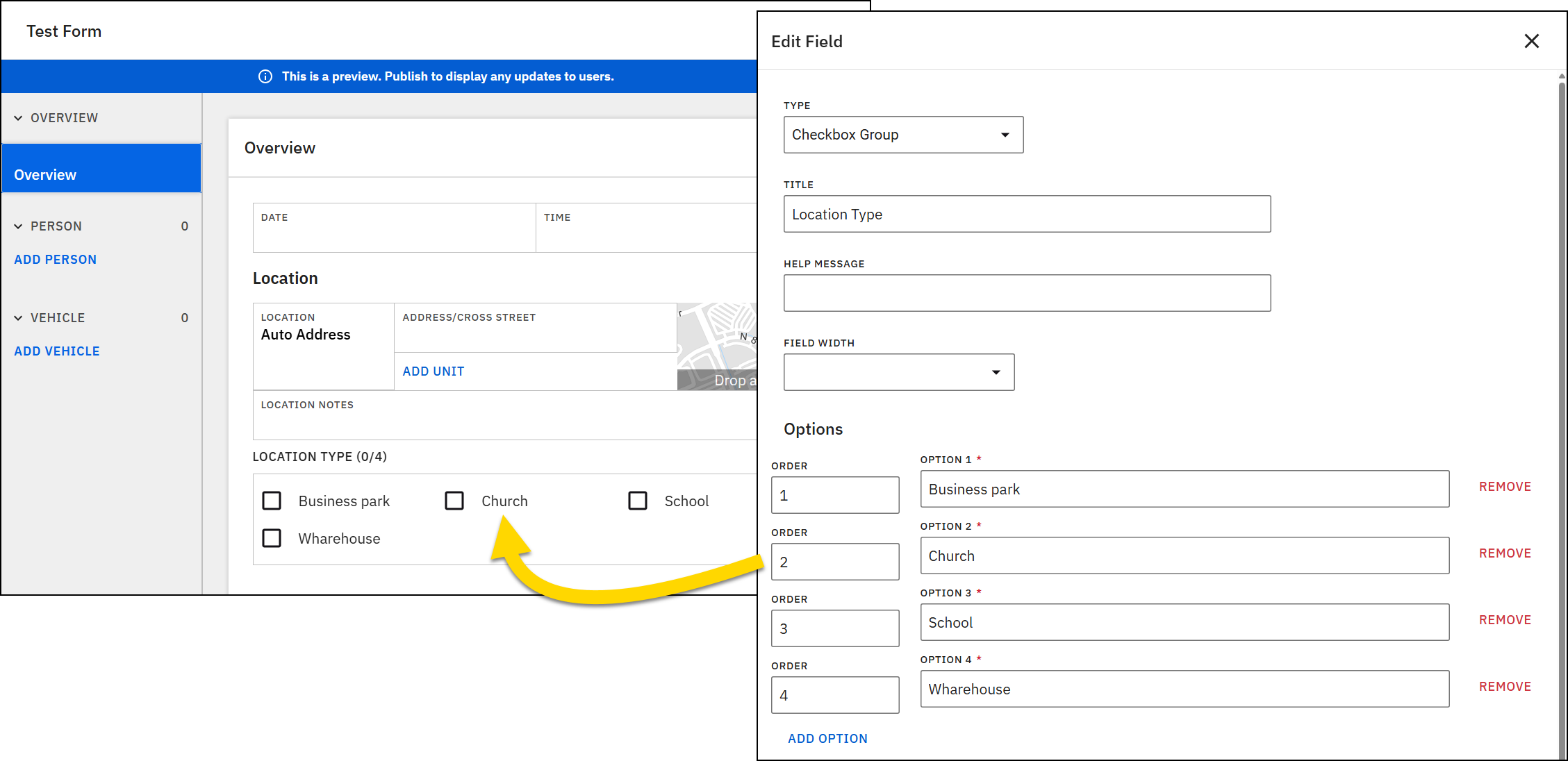 Screenshot of a form an arrow pointing from one checkbox item to the Edit window where that item is marked with an order of 2.