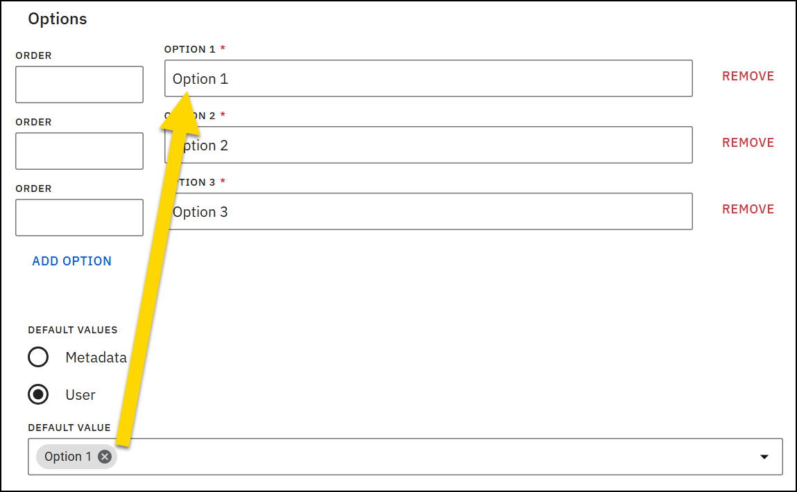 The image shows three Checkbox optionst. A yellow arrow points to the Option 1 text field near the top of the section. Below the options, the Default values area displays Metadata and User radio buttons and a Default value dropdown with Option 1 selected.
