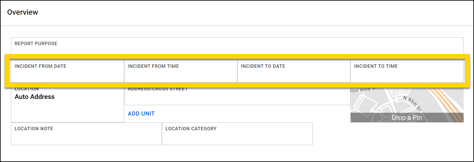 The image shows a form in Form Builder. A yellow highlight emphasizes a row in the middle of the form containing four date and time fields for incident information. These fields span the full width of the form.