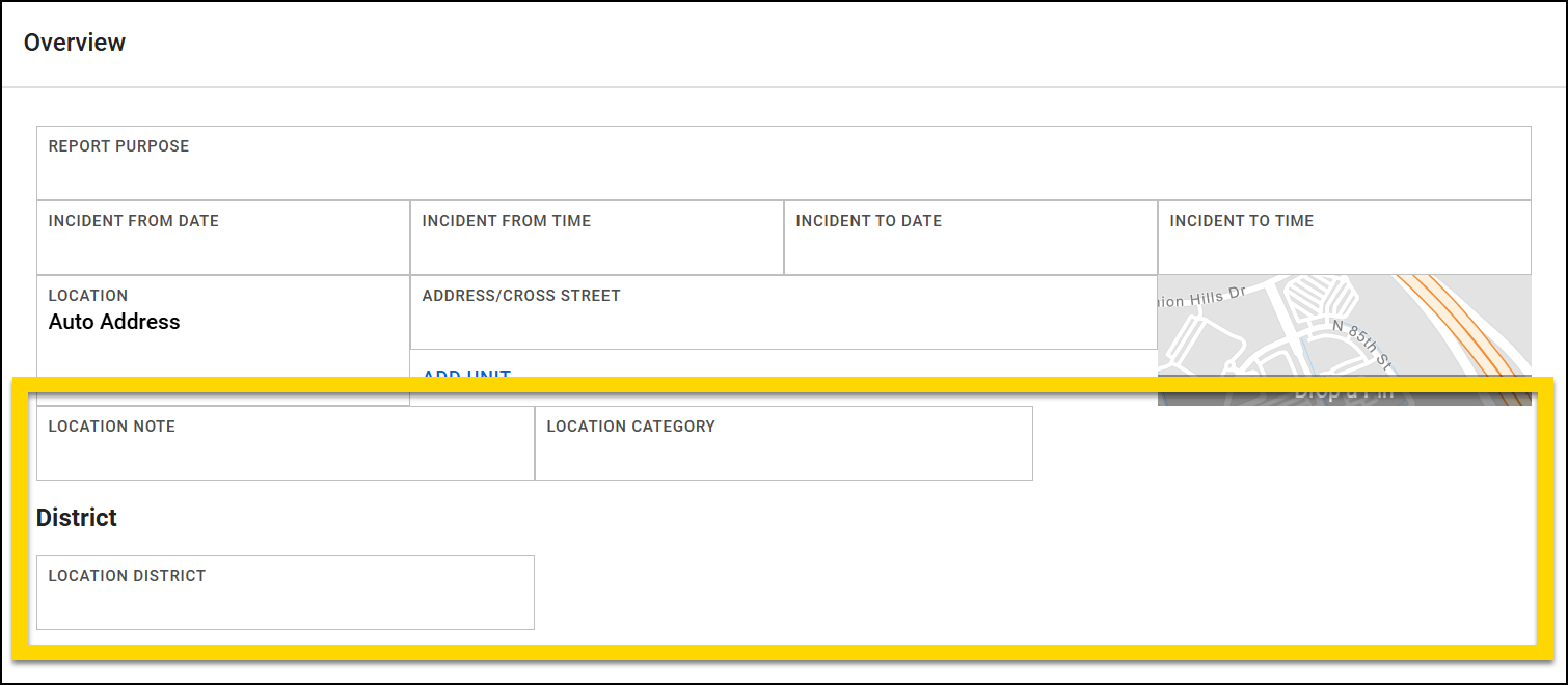 The image shows a form in Form Builder. A yellow highlight emphasizes two rows that include location note, location category, and location district fields. The location district field appears in a separate section on its own row below the others.