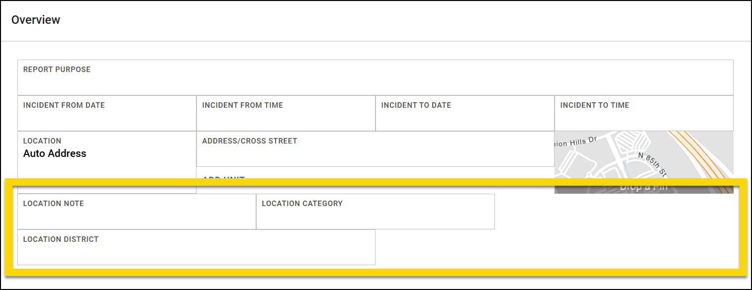The image shows a form in Form Builder. A yellow highlight emphasizes a section containing location note, location category, and location district fields. These fields are arranged in two rows with varied widths.
