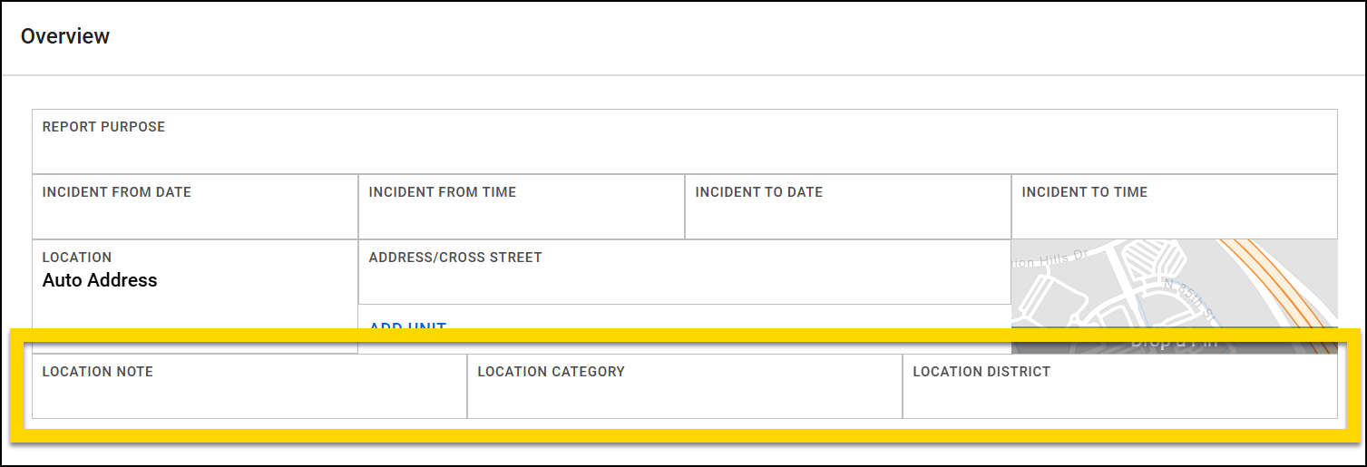 The image shows a form in Form Builder. A yellow highlight emphasizes a single row that includes location note, location category, and location district fields. All three fields are displayed in equal-width columns across the full row.