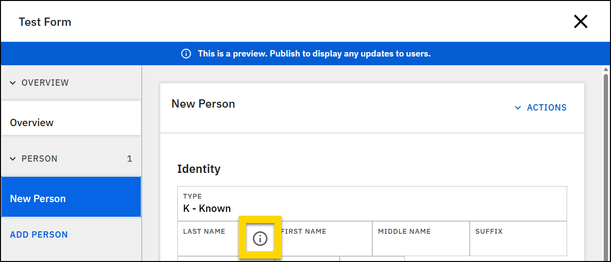 Screenshot of a form with an i icon on one of the fields higlighted.