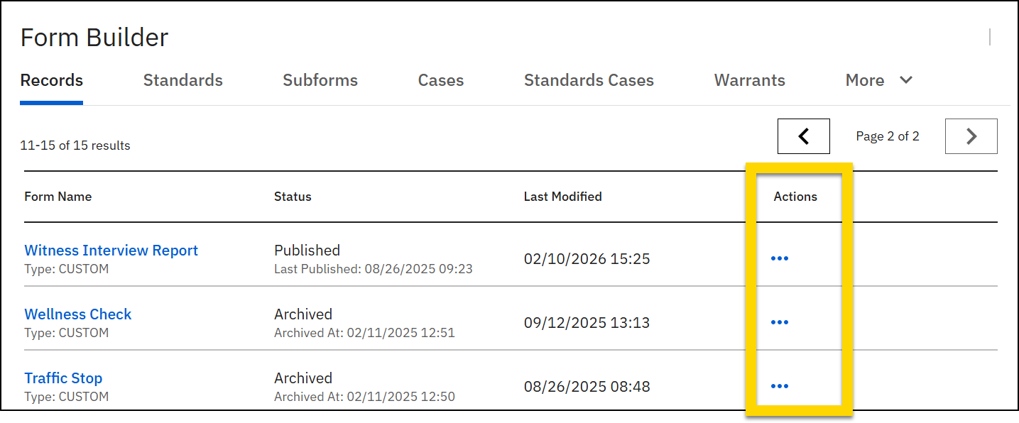 Screenshot of a list of forms. The More Actions icon is are highlighted in yellow.