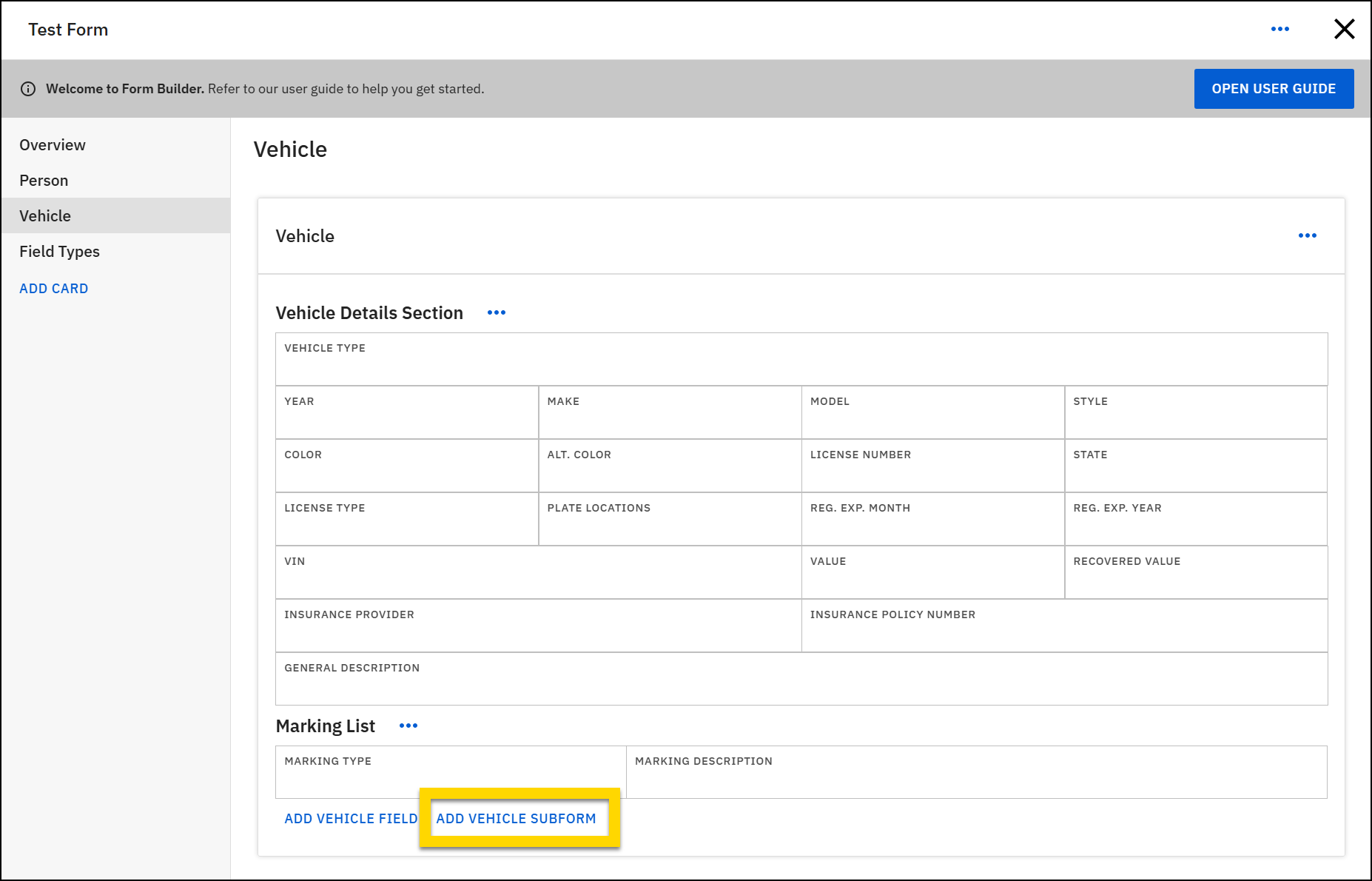 Screenshot of the Property form in Form Builder. The Add Proprerty Subform button is highlighed at the bottom.