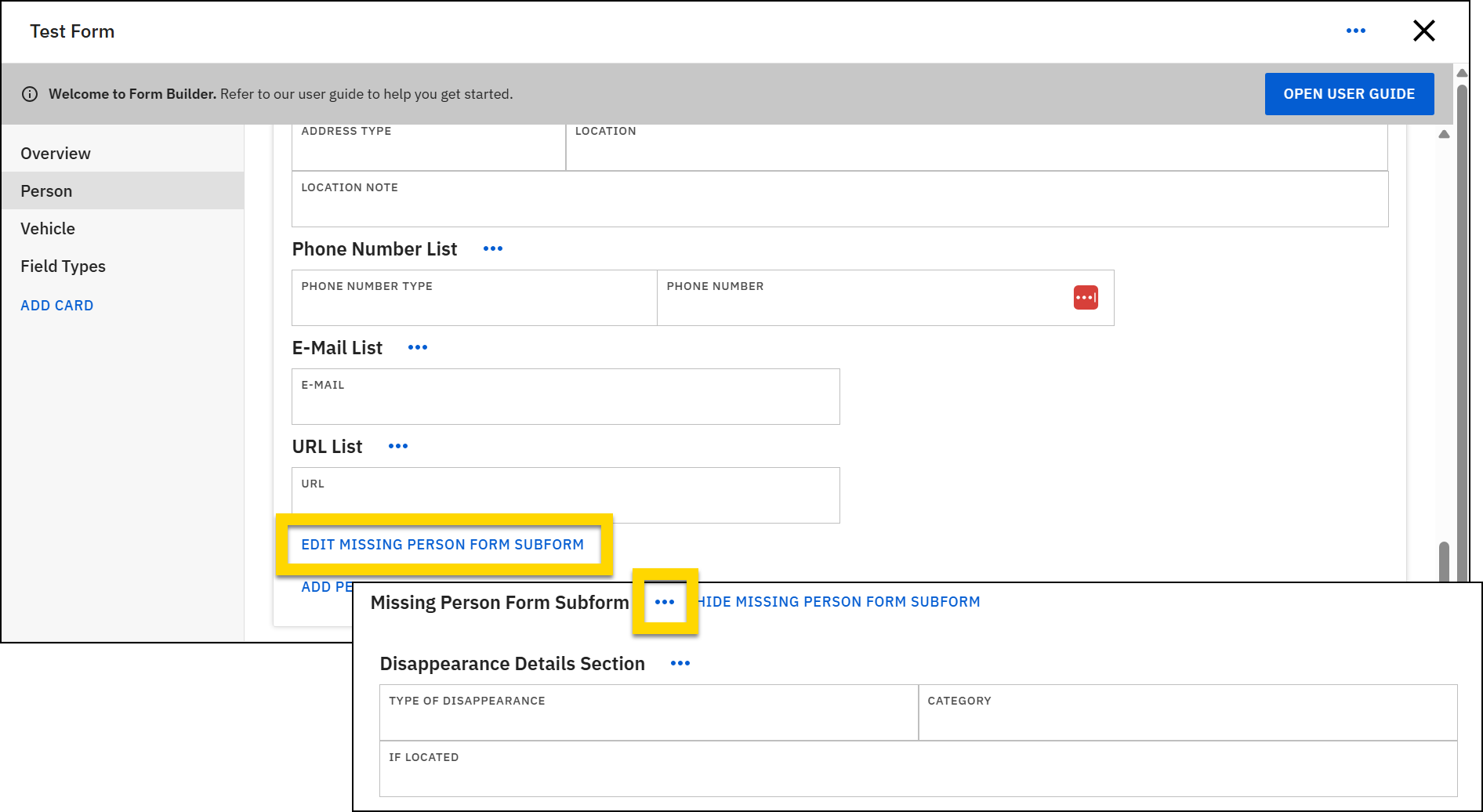 Screenshot of Form Builder showing an example of the Property form with the Remove Subform option highlighted in yellow.