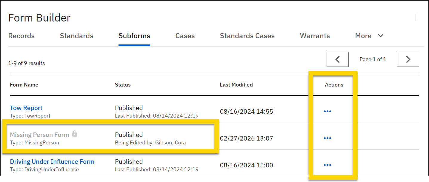 Screenshot of a list of forms. The More actions icon is are highlighted in yellow.