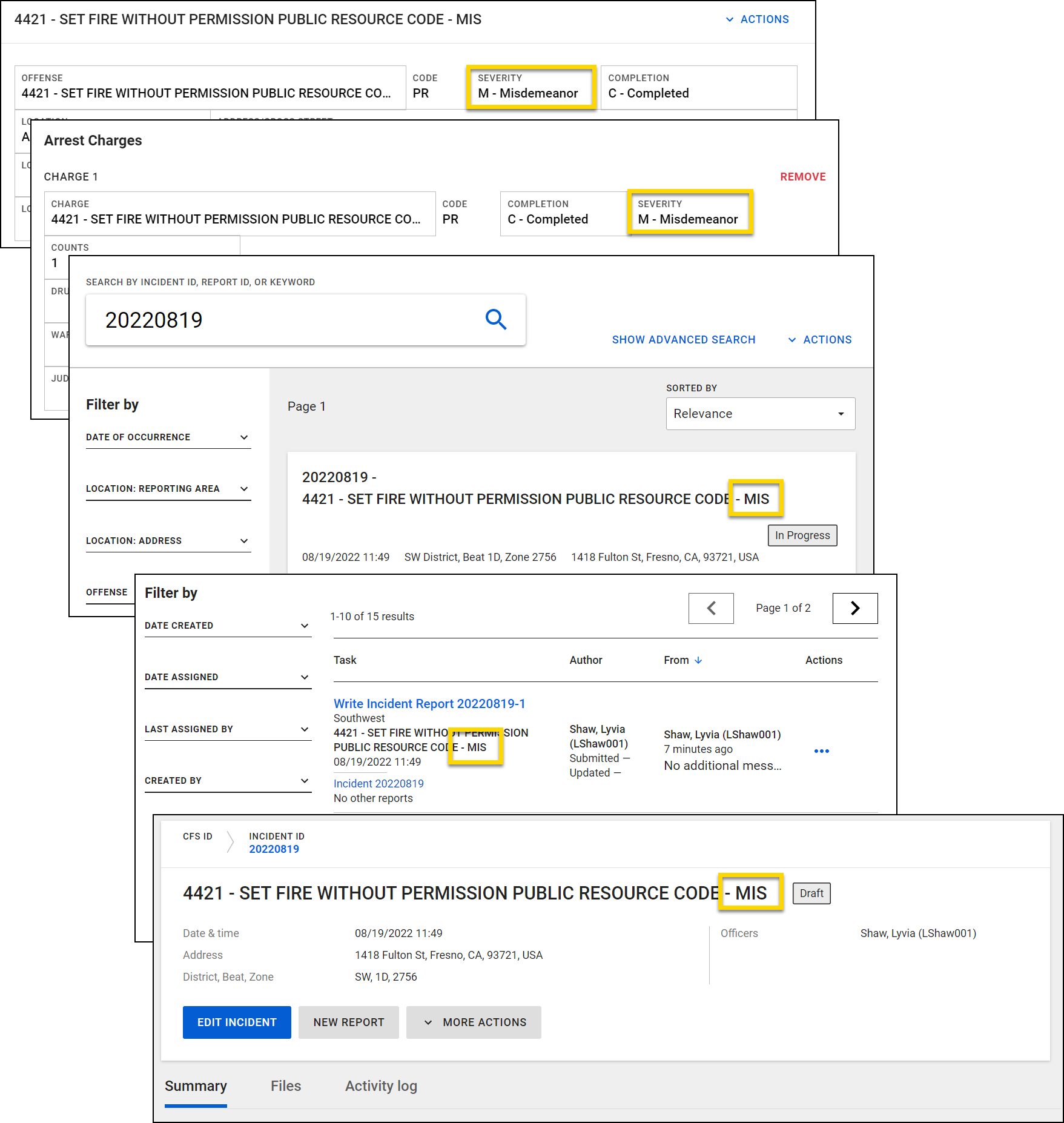 Shows where the Severity field appears in Axon Records.