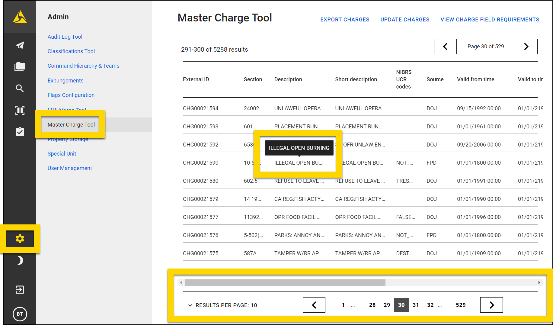 Shows how to navigate the Master Charge Tool page.