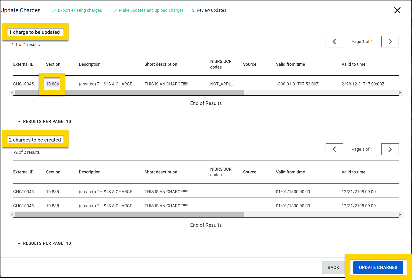 Shows how to review the charge changes and upload a new master charge table.