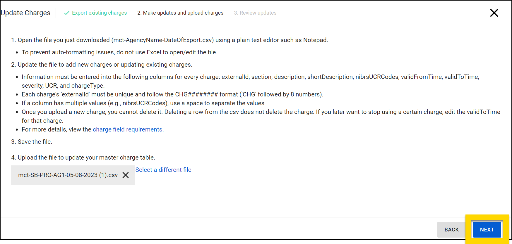 Shows how to upload a new file of master charges.
