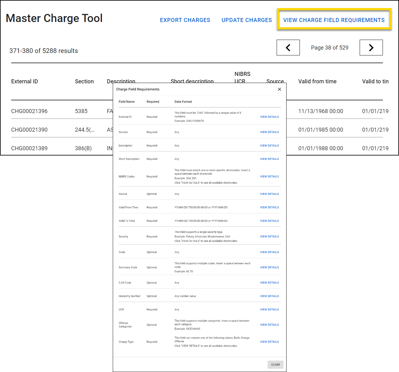 Shows how to view details about charge field requirements.
