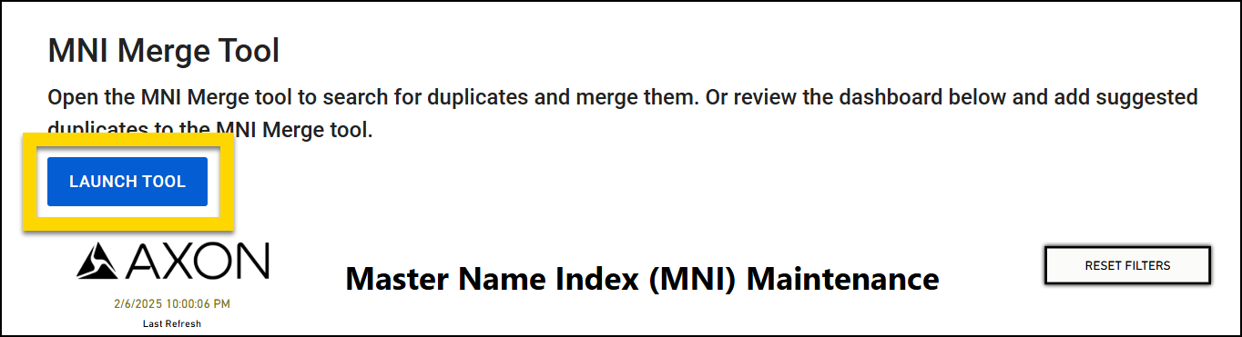 The image shows the MNI Merge Tool interface, which is used to select duplicates and merge them into a primary MNI. A blue Launch Tool button is highlighted with a yellow box in the upper left. Below, the Master Name Index Maintenance section displays filters and statistics, including unique MNIs, unique canonical MNIs, and merged MNI records.