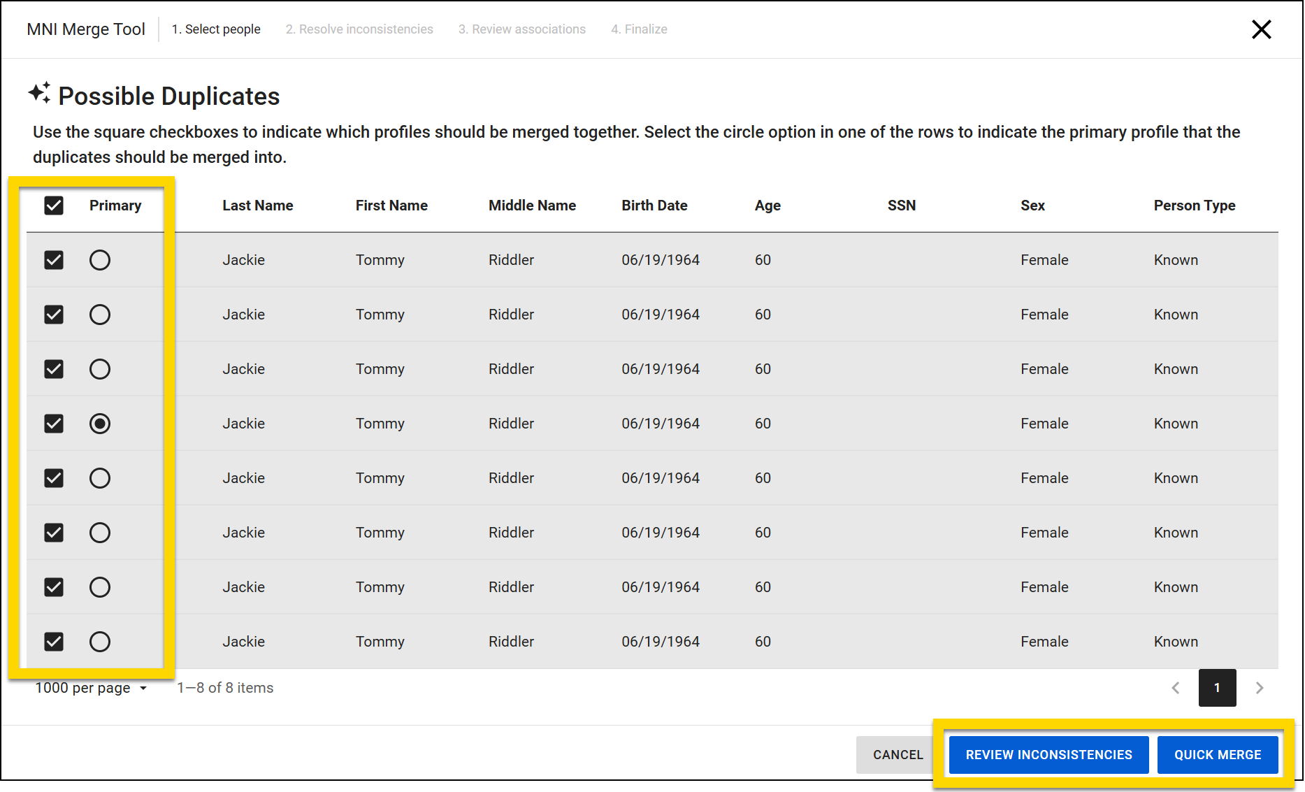 The image shows the Smart MNI Merge interface within the MNI Merge Tool, displaying a comparison of multiple profiles for potential merging. The table lists attributes like last name, first name, birth date, age, sex, and person type, with differences highlighted. A yellow box outlines the primary profile selection options, allowing the user to choose which profile to include in the merge and which to mark as primary. Two buttons at the bottom, Review Inconsistencies and Quick Merge, are displayed, with Quick Merge highlighted in blue and outlined in yellow.